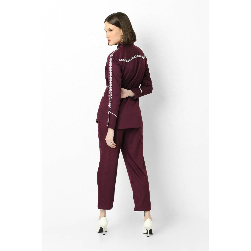 Our Love Violet Cotton Satin Shirt With Attached Belt And Jogger Pants-2 Pc Set