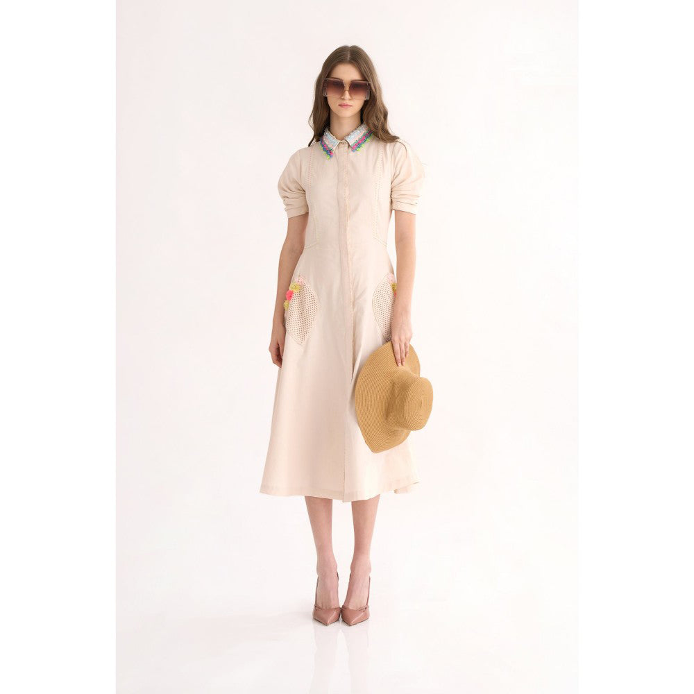 Our Love Coconut Cotton Twill Button Down Midi Dress with Embellished Collar & Beading