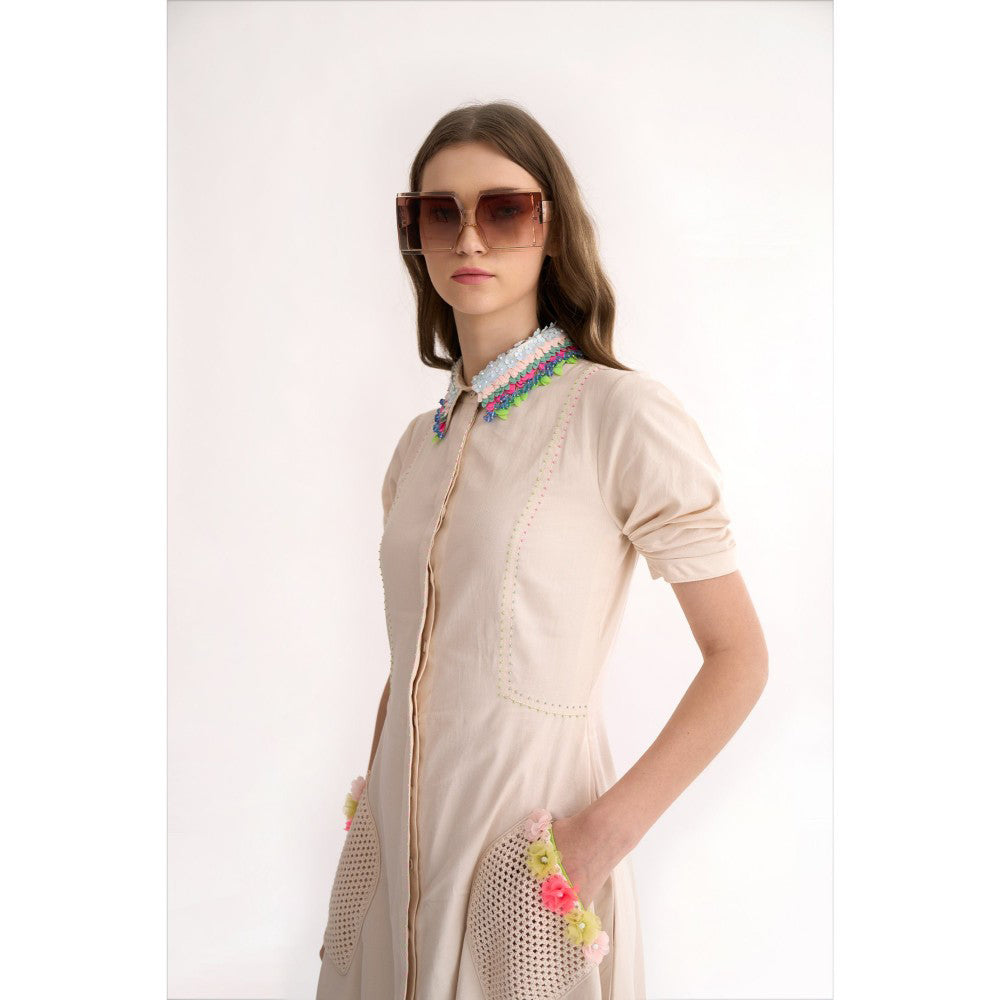 Our Love Coconut Cotton Twill Button Down Midi Dress with Embellished Collar & Beading