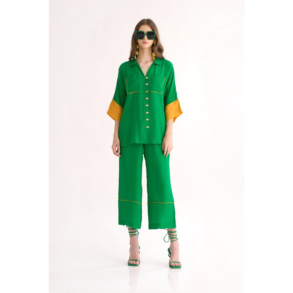 Our Love Silk Crepe Emerald Button Down Shirt with Yellow Cuffs & Patch Pockets