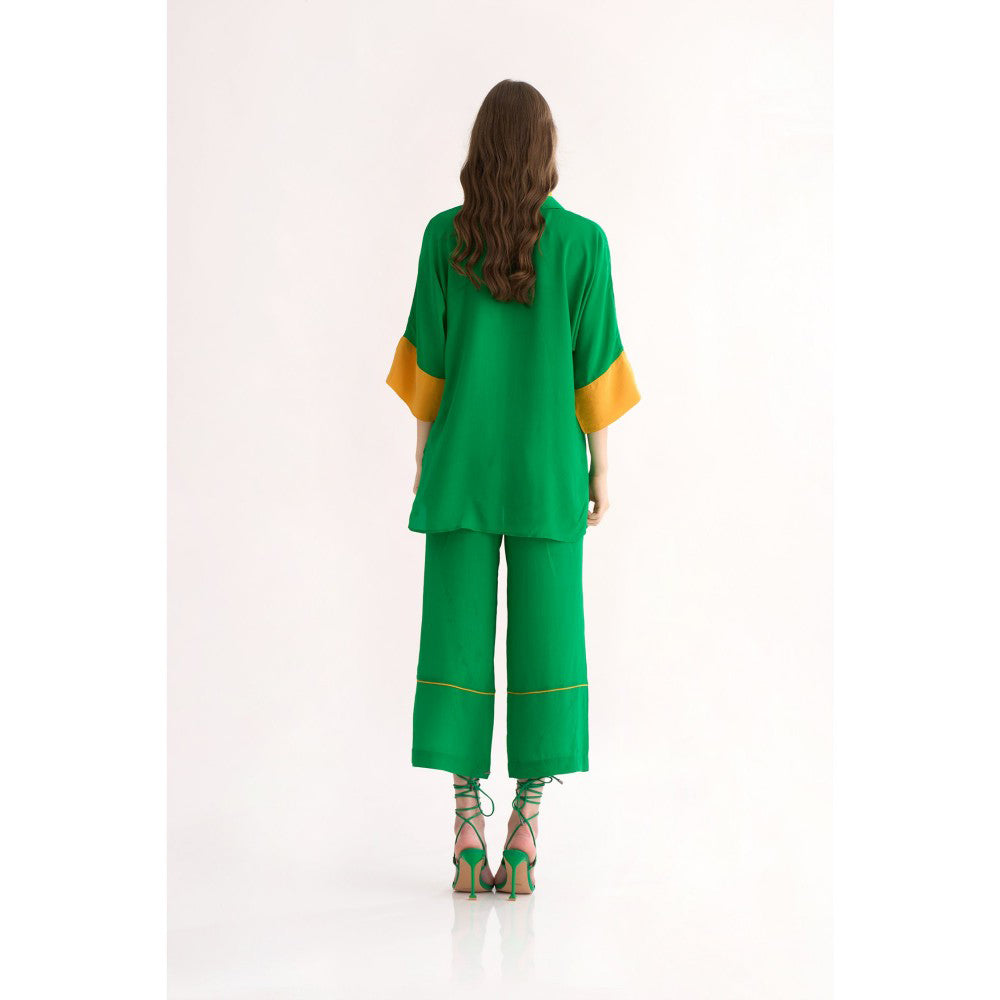 Our Love Silk Crepe Emerald Button Down Shirt with Yellow Cuffs & Patch Pockets