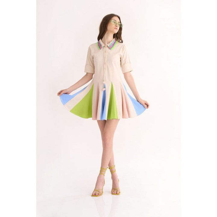 Our Love Coconut Cotton Twill Dress with Embellished Collar & Color Block Panels