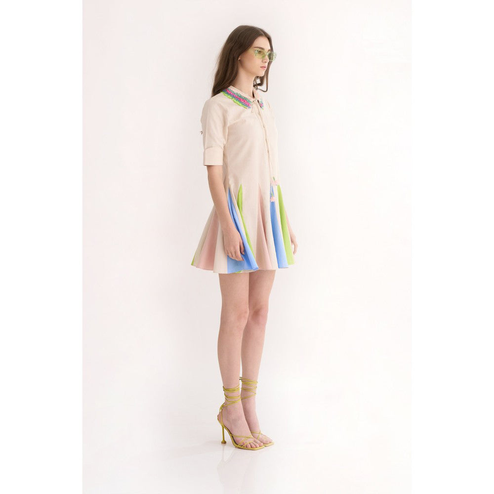 Our Love Coconut Cotton Twill Dress with Embellished Collar & Color Block Panels