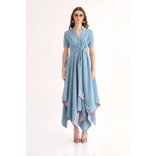 Our Love Denim Side Drape Dress with Embroidered Tie Knots & Kerchief Flare