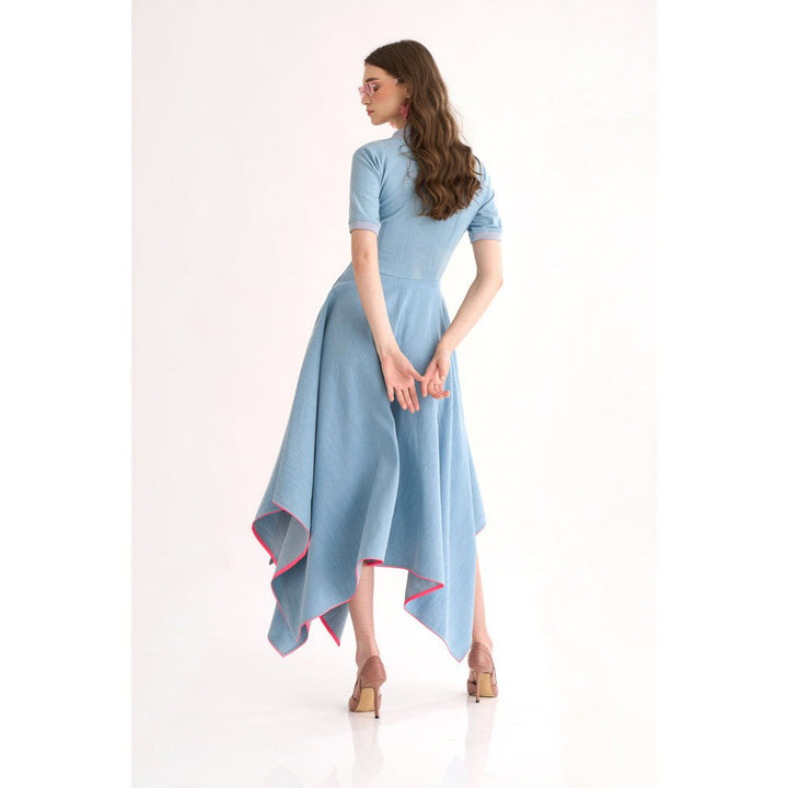 Our Love Denim Side Drape Dress with Embroidered Tie Knots & Kerchief Flare