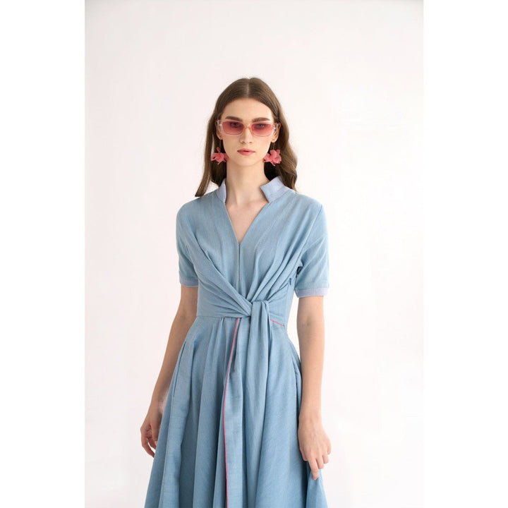 Our Love Denim Side Drape Dress with Embroidered Tie Knots & Kerchief Flare