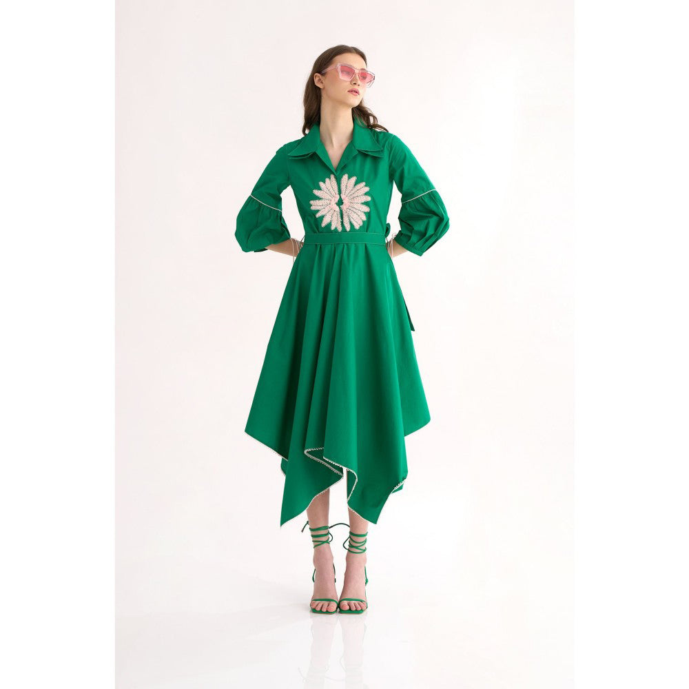 Our Love Emerald Cotton Poplin Shirt Dress with Belt & Floral Embroidery (Set of 2)
