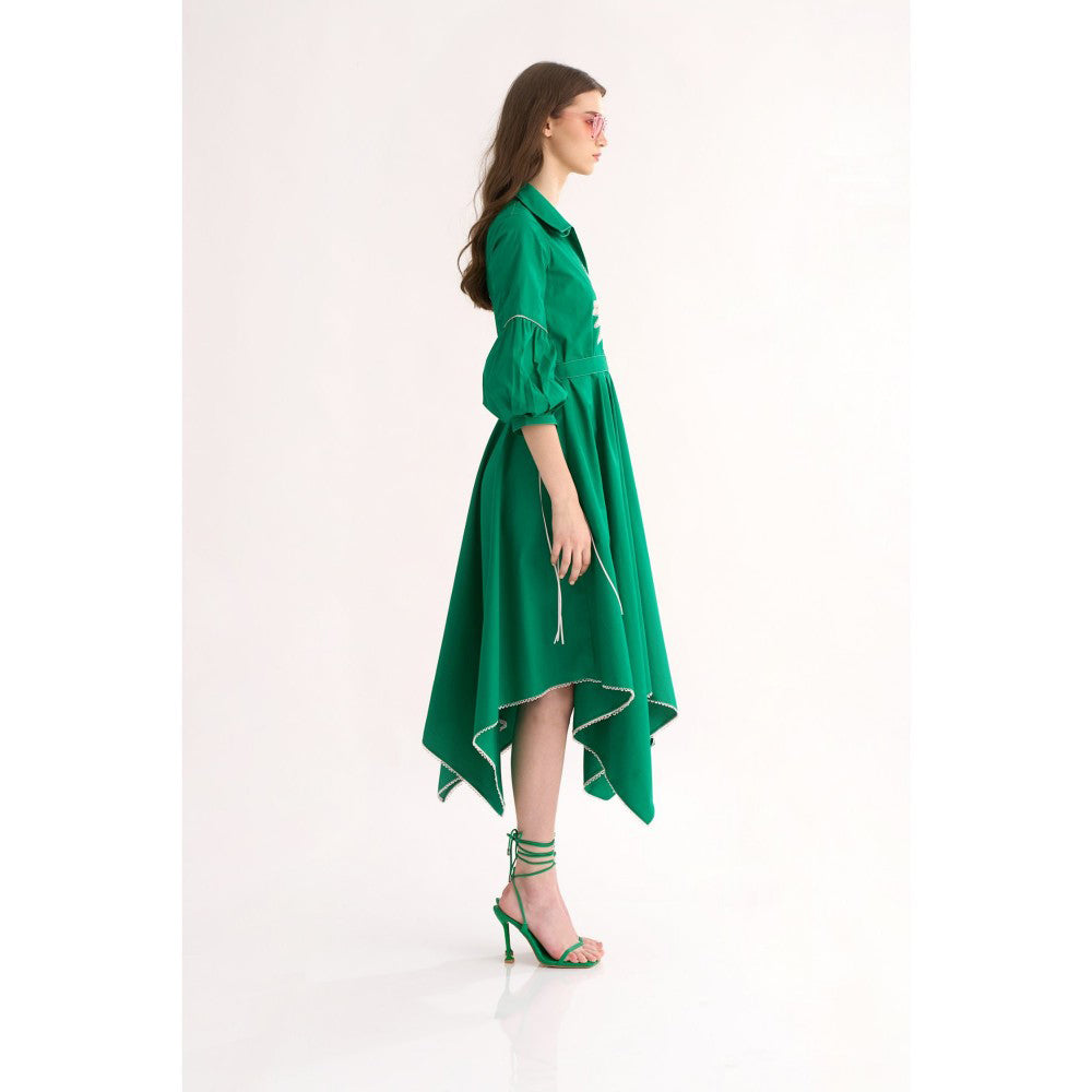 Our Love Emerald Cotton Poplin Shirt Dress with Belt & Floral Embroidery (Set of 2)