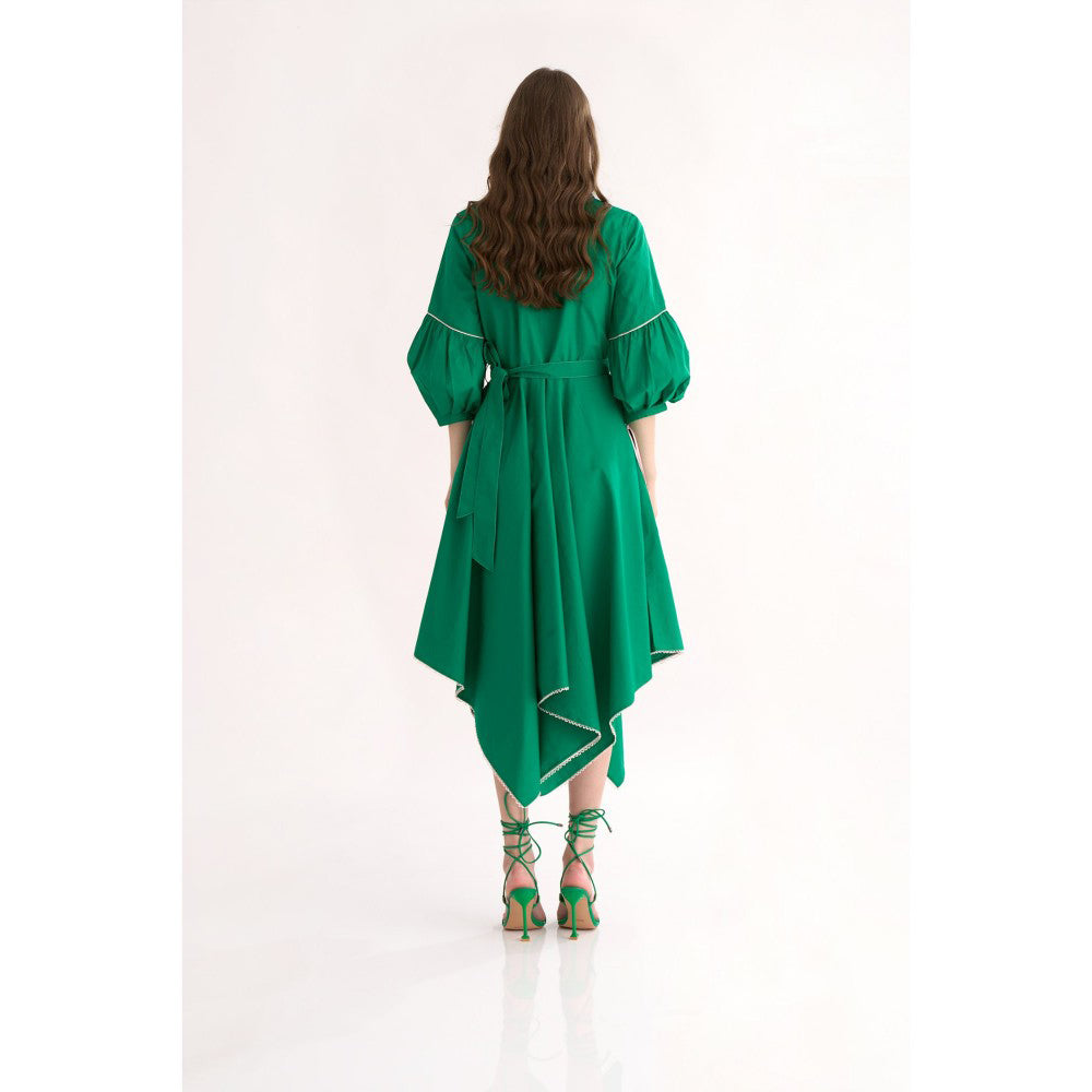 Our Love Emerald Cotton Poplin Shirt Dress with Belt & Floral Embroidery (Set of 2)