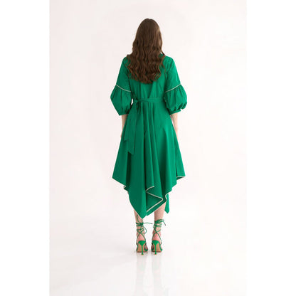 Our Love Emerald Cotton Poplin Shirt Dress with Belt & Floral Embroidery (Set of 2)