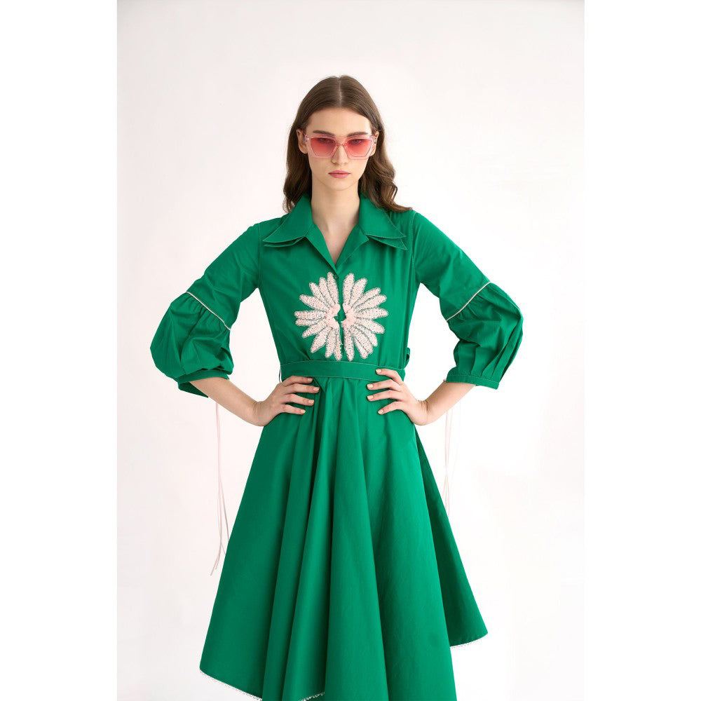 Our Love Emerald Cotton Poplin Shirt Dress with Belt & Floral Embroidery (Set of 2)