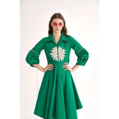 Our Love Emerald Cotton Poplin Shirt Dress with Belt & Floral Embroidery (Set of 2)