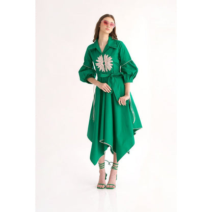 Our Love Emerald Cotton Poplin Shirt Dress with Belt & Floral Embroidery (Set of 2)