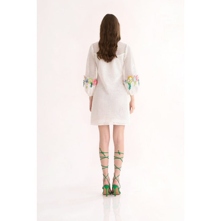 Our Love White Cotton Mesh Tunic Dress with 3D Embroidered Sleeves