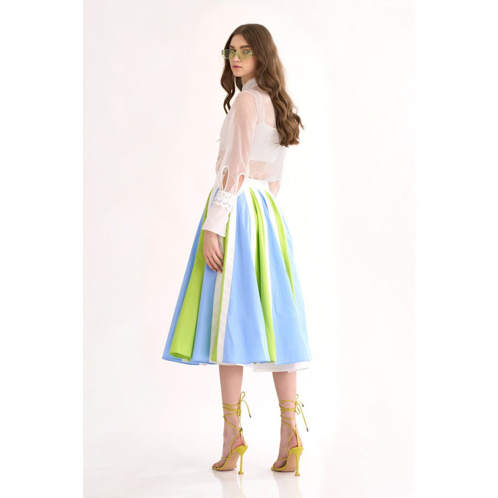 Our Love White, Orchid & Leaf Green Color Block Midi Skirt with Pockets