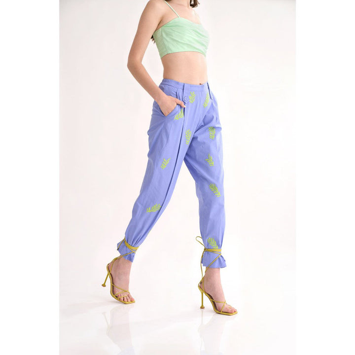 Our Love Blueberry Cotton Satin Pants with Leaves Applique & Front Back Loop
