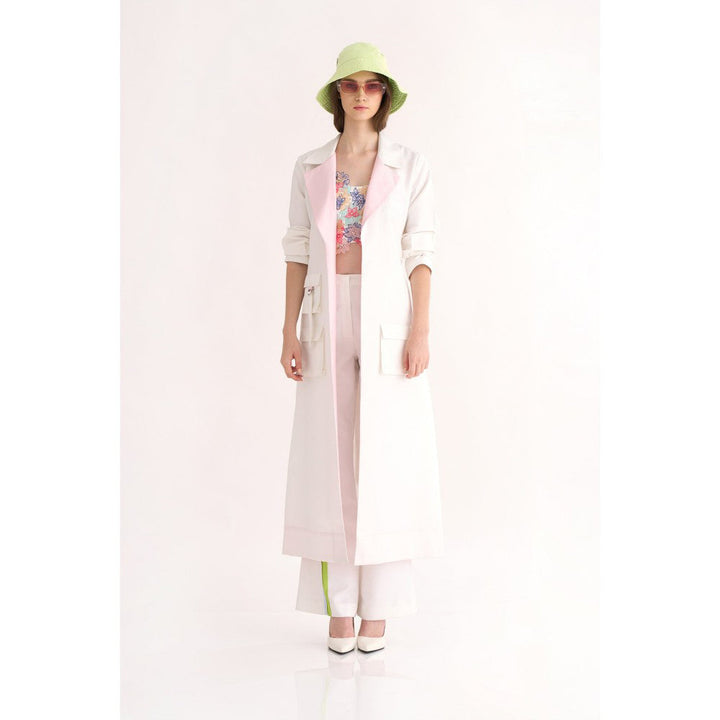 Our Love White Viscose Thick Trench with Pink Collar & Tie-Knot Belt (Set of 2)