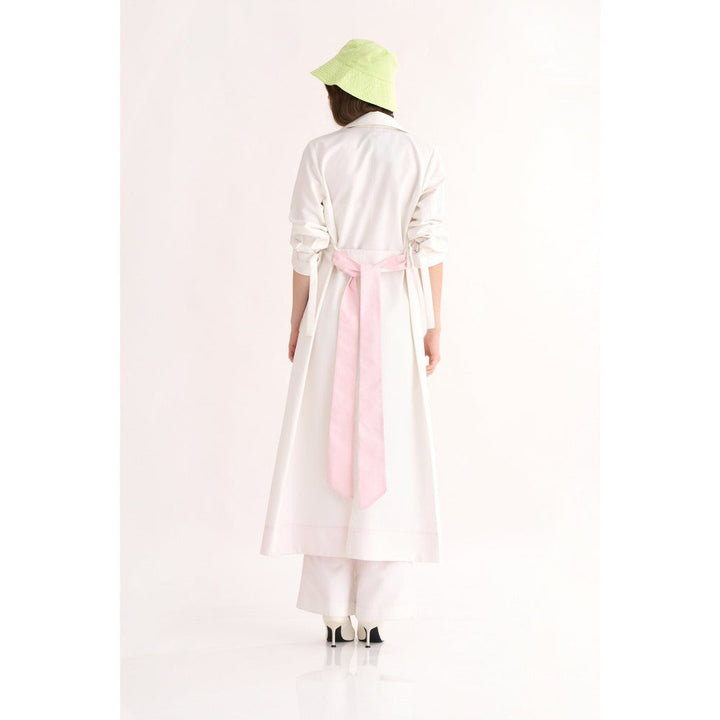 Our Love White Viscose Thick Trench with Pink Collar & Tie-Knot Belt (Set of 2)