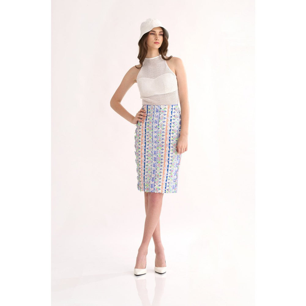 Our Love Blueberry Cotton Poplin Fitted Skirt with Twill Tape & Heavy Embroidery