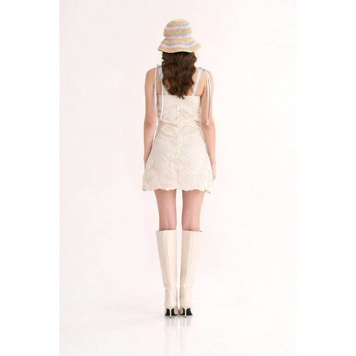 Our Love White Organza Short Dress with Front Embroidery & Neck Tie Up