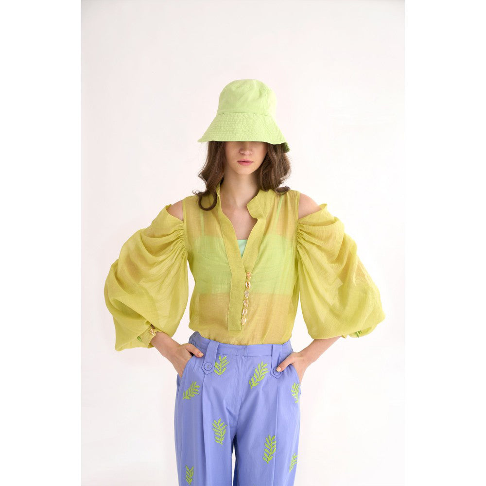 Our Love Lime Green Silk Cheri Cold Shoulder Top with Leaves Applique On Cuffs