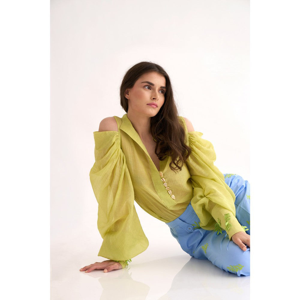 Our Love Lime Green Silk Cheri Cold Shoulder Top with Leaves Applique On Cuffs