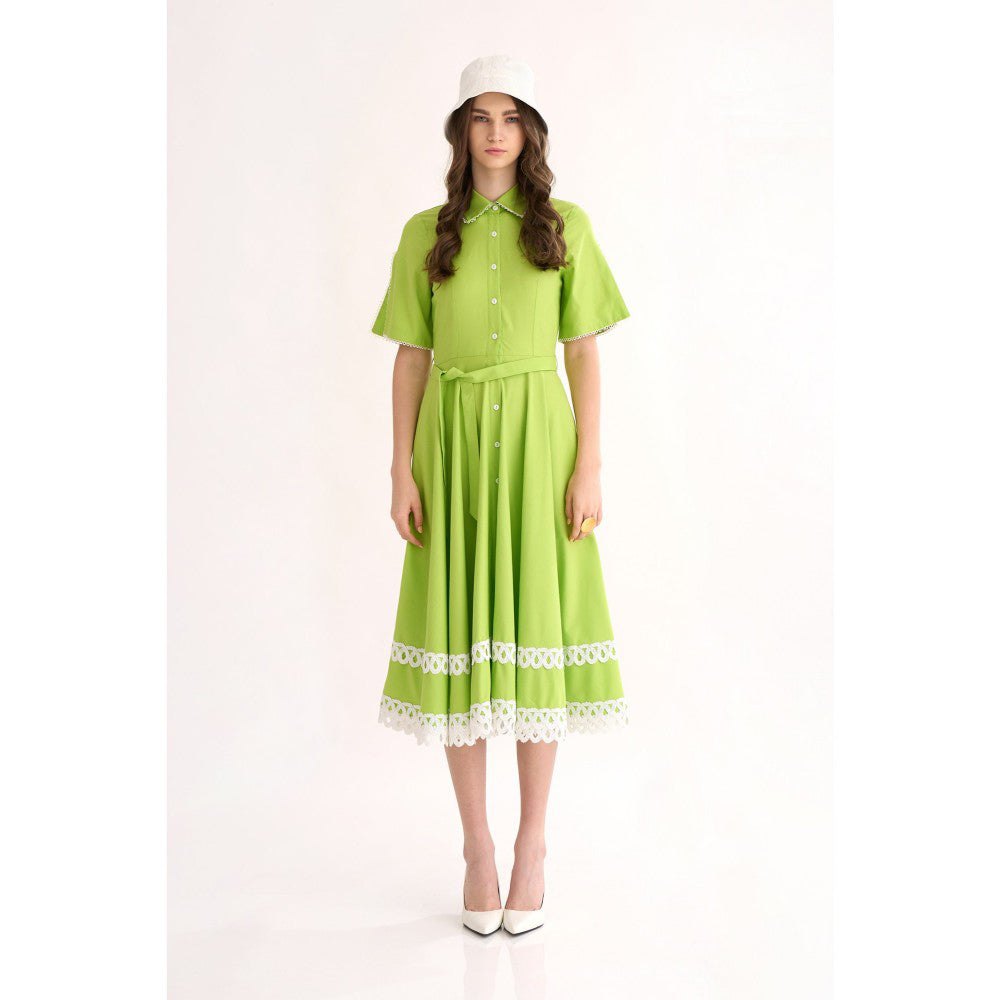 Our Love Leaf Green Cotton Midi Dress with Lace Details On Sleeves & At Hem (Set of 2)