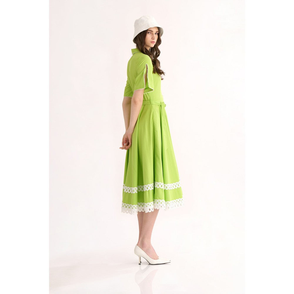 Our Love Leaf Green Cotton Midi Dress with Lace Details On Sleeves & At Hem (Set of 2)