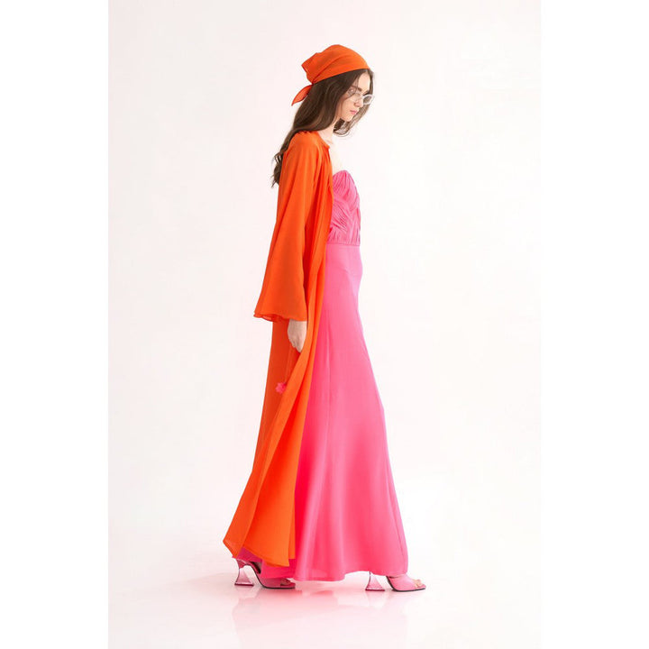 Our Love Poppy Orange Silk Crepe Front Open Cape with Flared Sleeves
