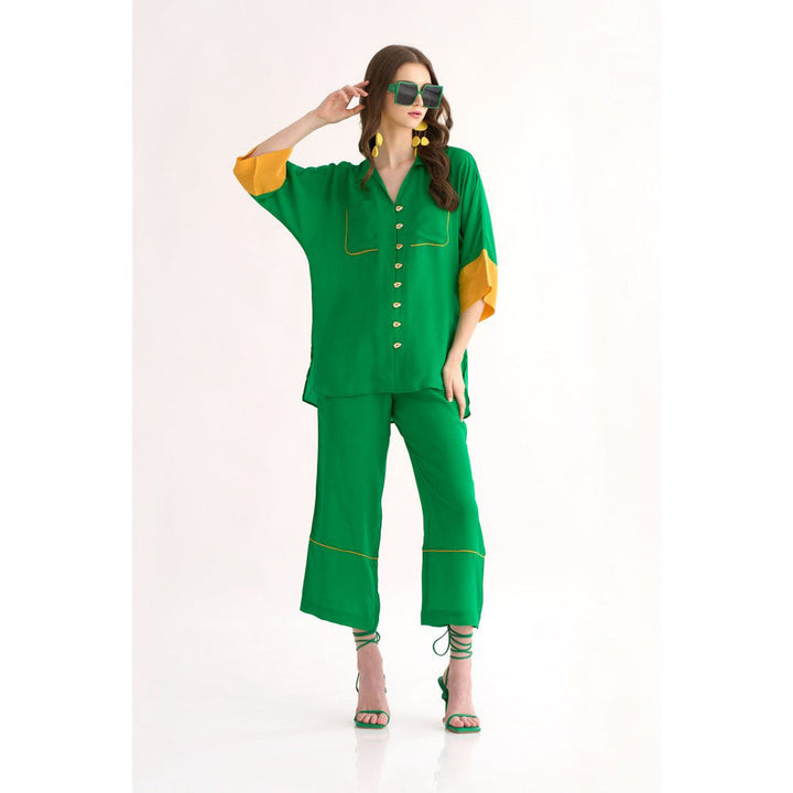 Our Love Emerald Silk Crepe Shirt with Yellow Cuffs & Patch Pockets with Trousers (Set of 2)