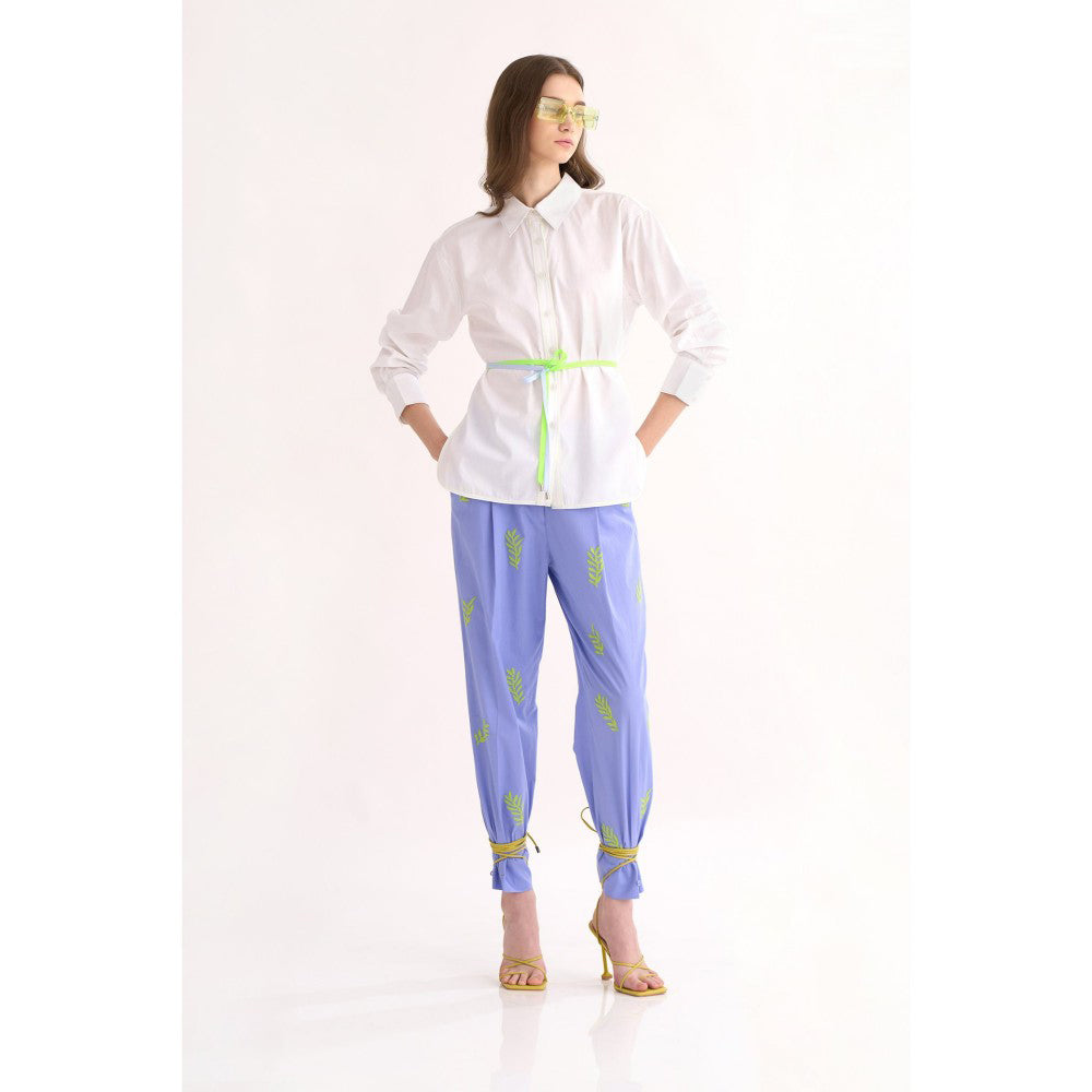 Our Love White Cotton Satin Shirt with Neon Tape Tie Ups Paired with Pleated Pants (Set of 2)