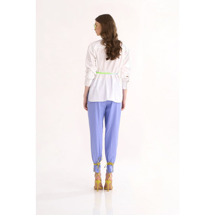 Our Love White Cotton Satin Shirt with Neon Tape Tie Ups Paired with Pleated Pants (Set of 2)