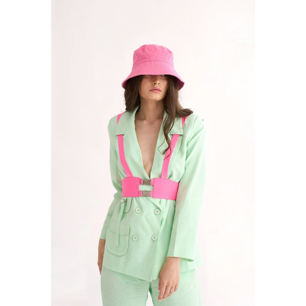 Our Love Mint Silk Crepe Double Breasted Blazer with Pants Paired with Harness Belt (Set of 3)