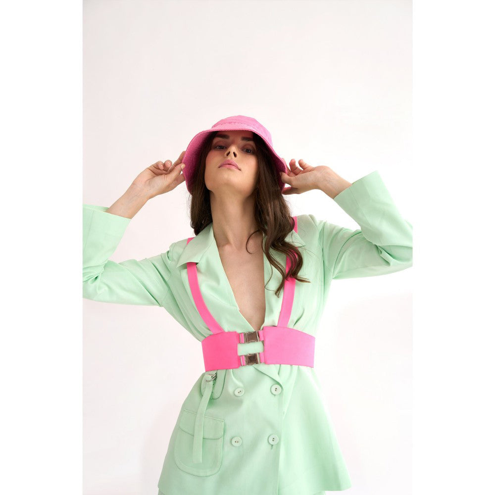 Our Love Mint Silk Crepe Blazer With Matching Pants Paired With Cowl  Bralette (Set of 3)