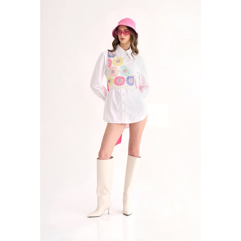 Our Love White Cotton Over Sized Shirt with Organza Half Jacket with Embroidery (Set of 2)