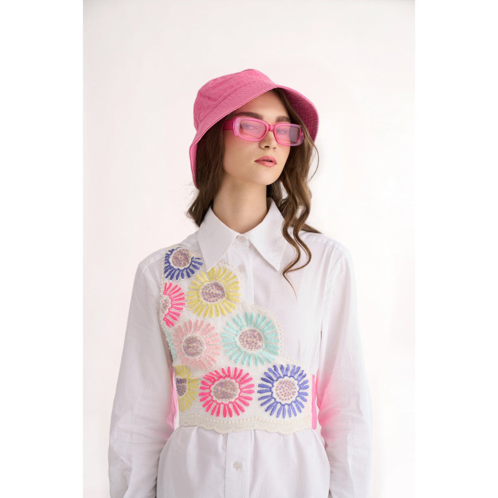 Our Love White Cotton Over Sized Shirt with Organza Half Jacket with Embroidery (Set of 2)