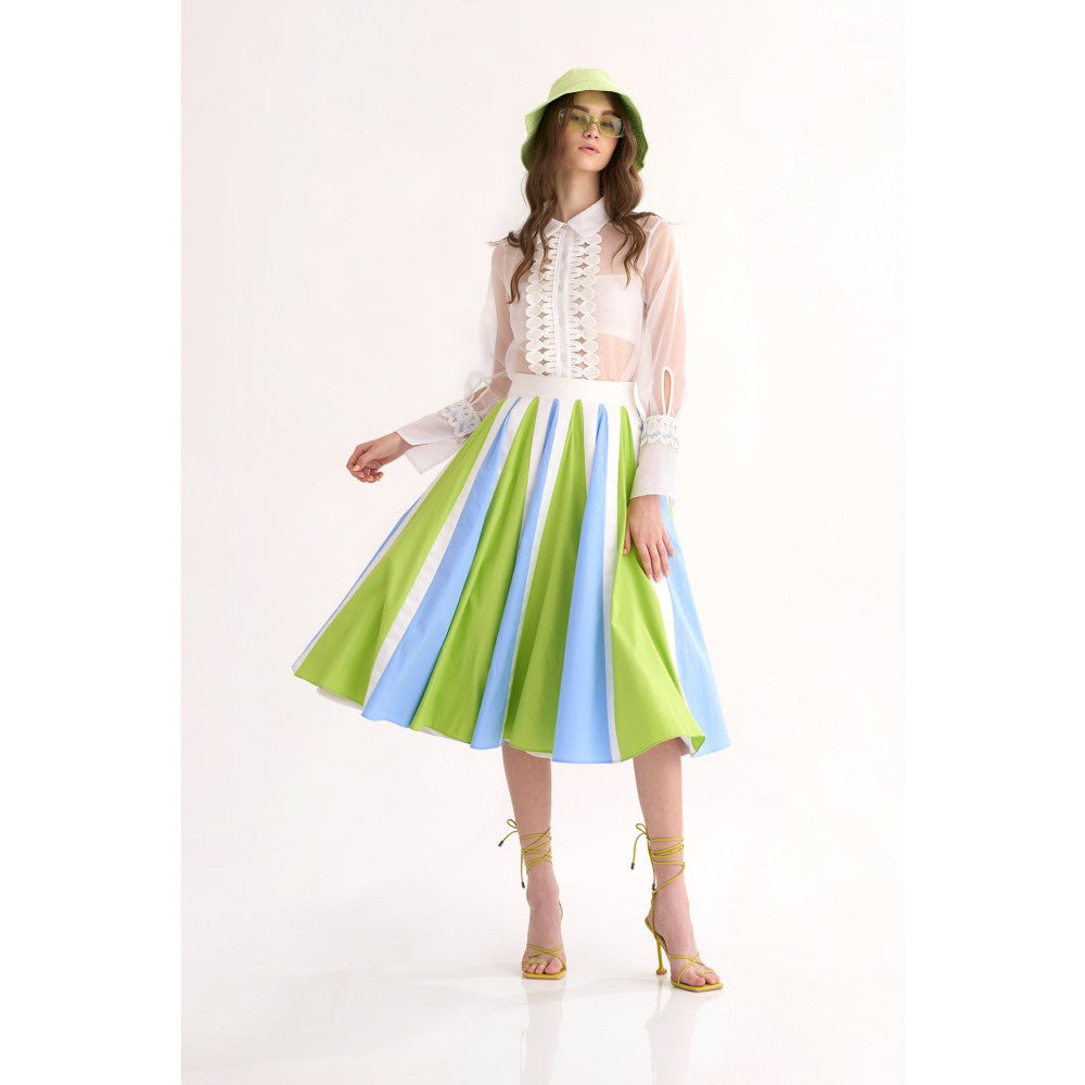 Our Love White Organza Shirt with Lace Paired with Orchid & Color Block Midi Skirt (Set of 2)