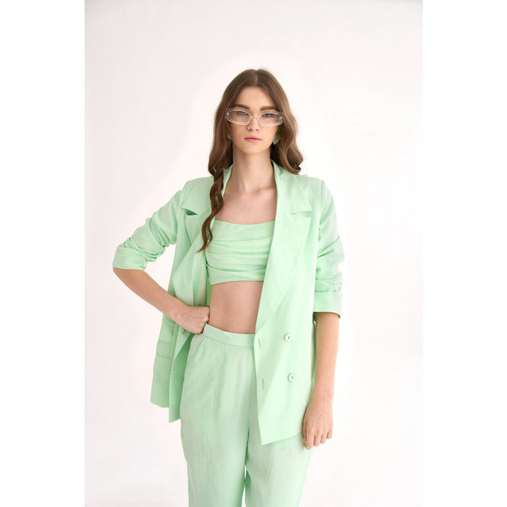 Our Love Mint Silk Crepe Blazer with Matching Pants Paired with Cowl Bralette (Set of 3)