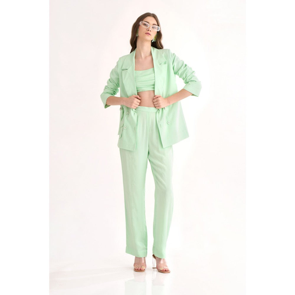 Our Love Mint Silk Crepe Blazer with Matching Pants Paired with Cowl Bralette (Set of 3)