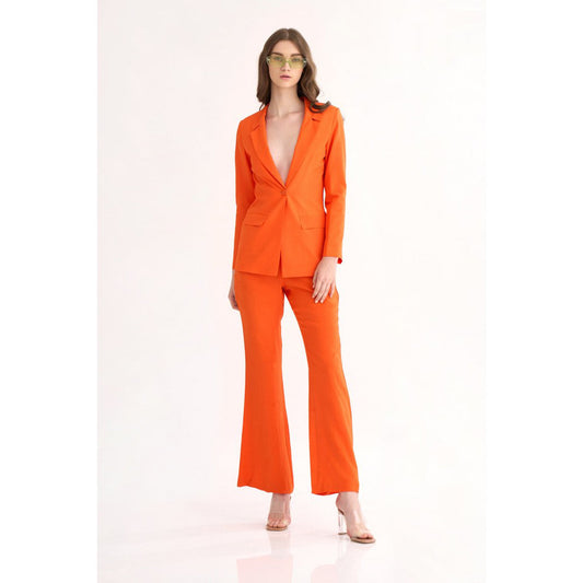 Our Love Orange Silk Crepe Power Shoulder Blazer with Matching Fit & Flare Pants (Set of 2)