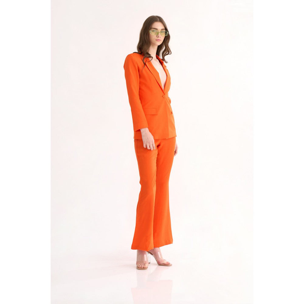 Our Love Orange Silk Crepe Power Shoulder Blazer with Matching Fit & Flare Pants (Set of 2)