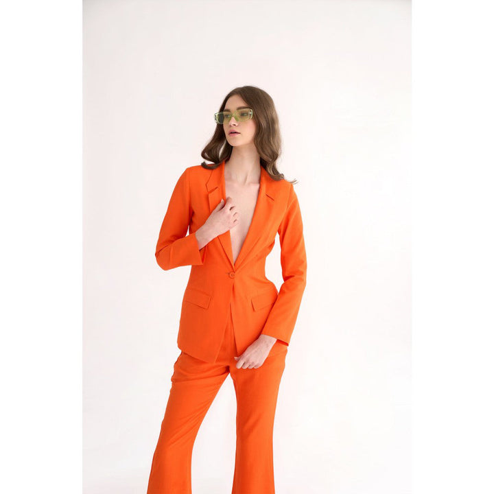 Our Love Orange Silk Crepe Power Shoulder Blazer with Matching Fit & Flare Pants (Set of 2)