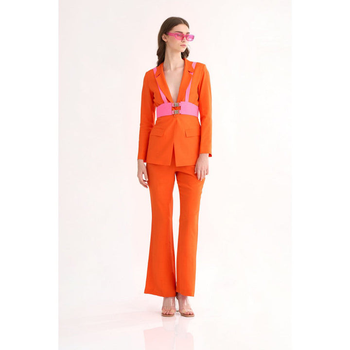 Our Love Poppy Orange Silk Crepe Blazer with Pants Paired with Fuchsia Harness Belt (Set of 3)