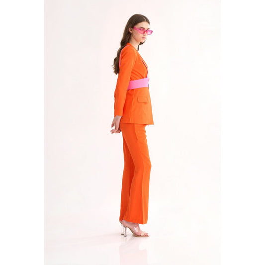 Our Love Poppy Orange Silk Crepe Blazer with Pants Paired with Fuchsia Harness Belt (Set of 3)