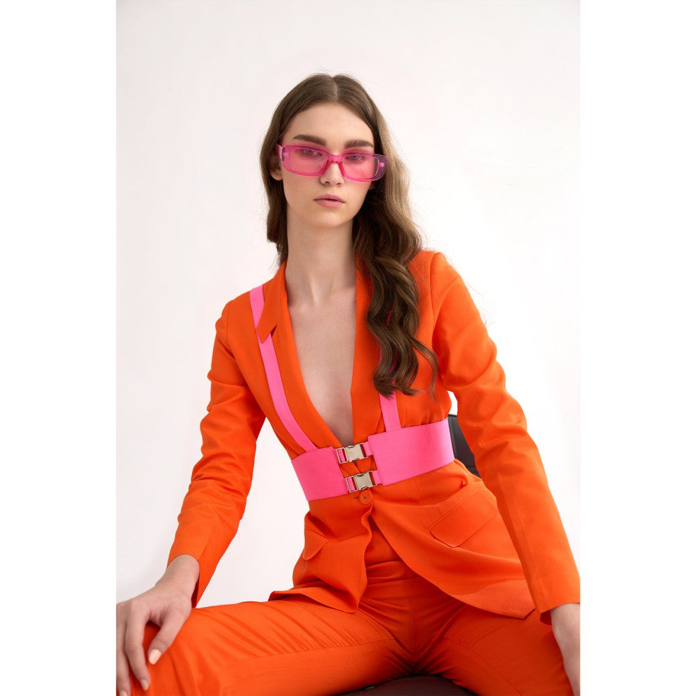 Our Love Poppy Orange Silk Crepe Blazer with Pants Paired with Fuchsia Harness Belt (Set of 3)