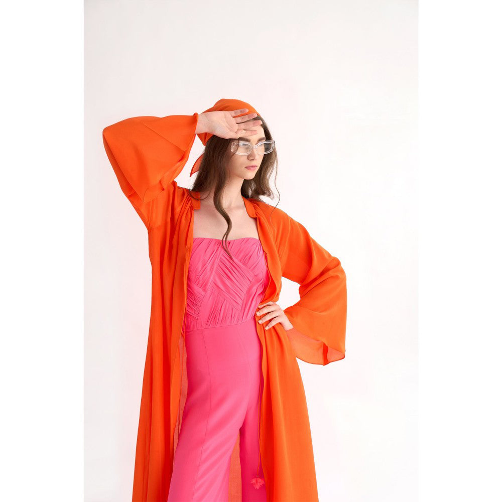 Our Love Fuchsia Natural Crepe Drape Tube Jumpsuit Paired With Front Open Cape (Set of 2)
