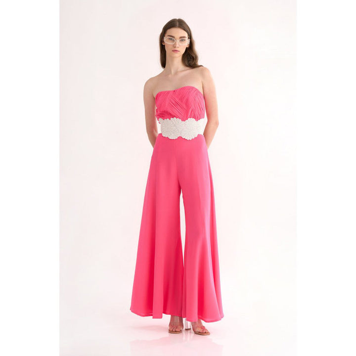 Our Love Fuchsia Silk Crepe Drape Tube Jumpsuit with White 3D Embroidered Belt (Set of 2)