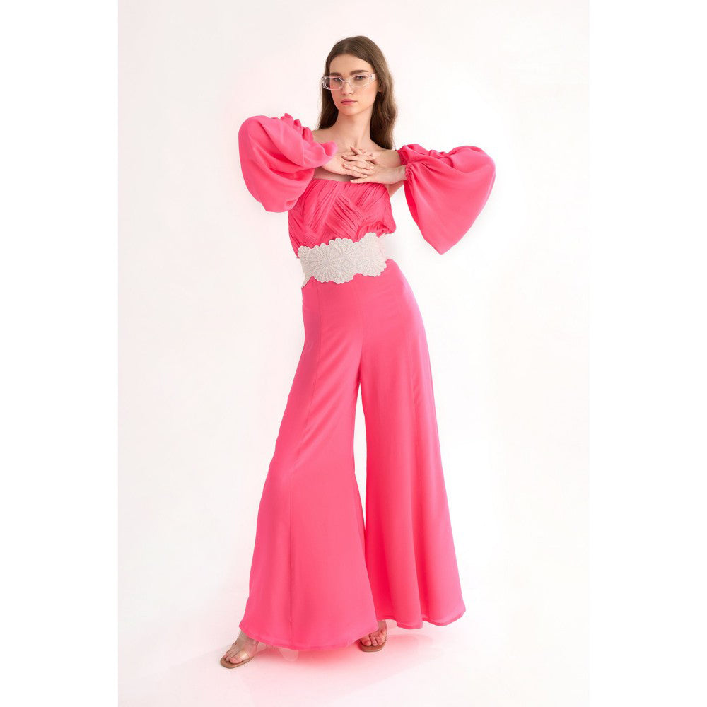 Our Love Crepe Drape Tube Jumpsuit with Detachable Balloon Sleeves Paired with Belt (Set of 4)