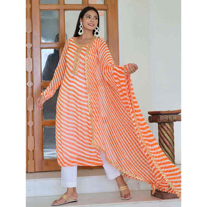 ONEWE INDIA Marigold Leheriya Suit Set (Set of 3) - Orange