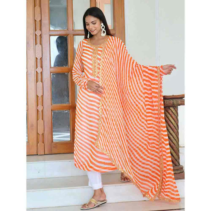 ONEWE INDIA Marigold Leheriya Suit Set (Set of 3) - Orange